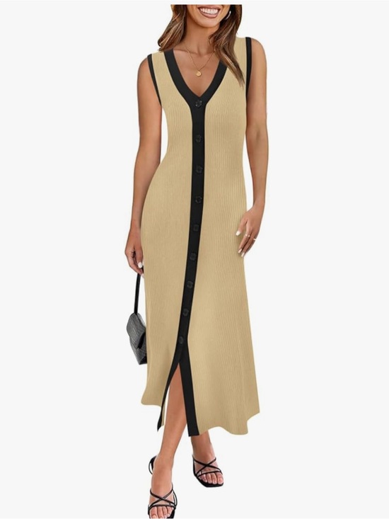 Dresses & Skirts - Summer Beige Knit Button-Front Dress with Black Trim